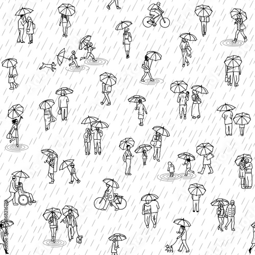 Seamless pattern of tiny people with umbrellas: pedestrians in the street, a diverse collection of small hand drawn men, women and kids walking through the rain