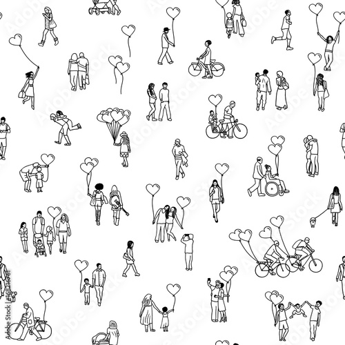 Love is all around - seamless pattern of tiny people holding heart shaped balloons - a diverse collection of small hand drawn men, women and kids in black and white