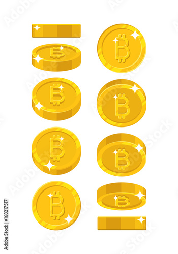 Gold bitcoin views cartoon style isolated. The gold bitcoin is at different angles around its axis for designers and illustrators. Rotation of a gold coin in the form of a vector illustration