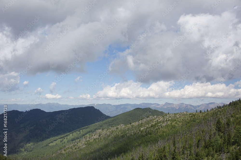 Green hills Altai mountains landscape. Cloudy sky