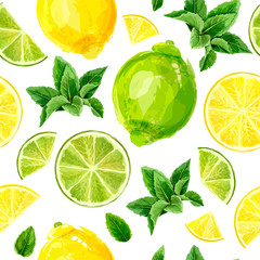 Papier peint photo Fruits aquarelle patrons Citrons verts menthe aquarelle fraîche  © megapixelina