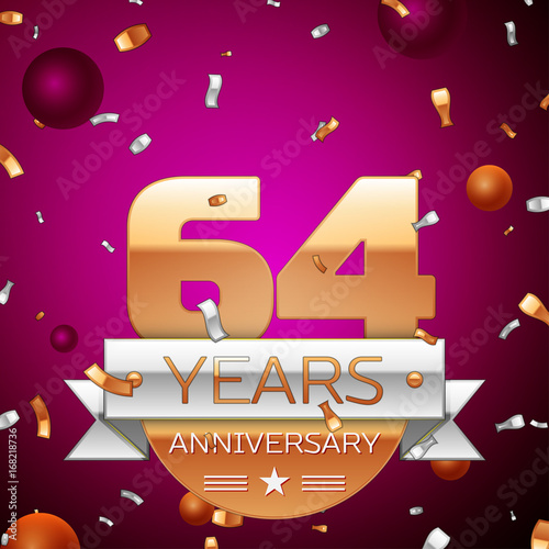 Realistic Sixty four Years Anniversary Celebration Design. Golden numbers and silver ribbon, confetti on purple background. Colorful Vector template elements for your birthday party photo