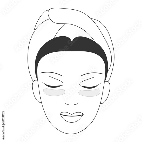 Vector icon illustration for cosmetic face skin care in line art style: woman face with gel eye patches masks on. Eye patches could be gel, sheet, moisturizing, hydrogel,antiage or skincare.