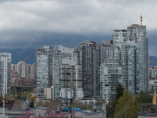 Highrise buildings cranes cityscape Vancouver Canada April 2017