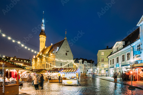 Tallinn, Estonia. Christmas Market On Town Hall Square. Christmas Tree