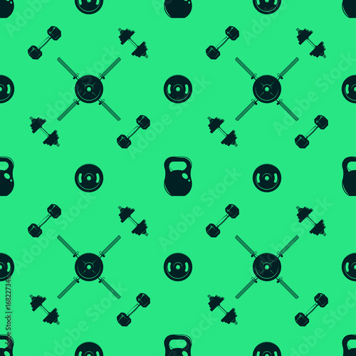 Seamless pattern fitness and sport elements, weights and dumbbells, vector illustration