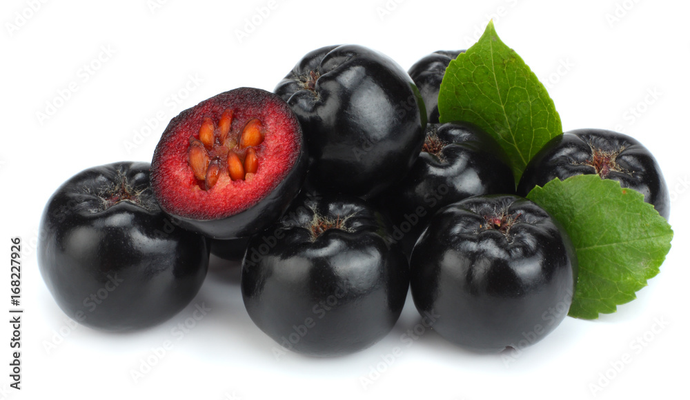 Chokeberry with leaf isolated on white background. Black aronia.