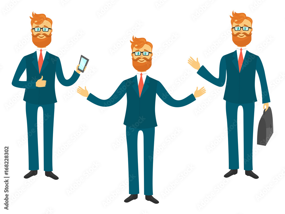 Businessman cartoon character in different poses for business presentation vector set. Successful man shows and tells illustration Businessman cartoon character in different poses for business presentation vector set. Successful man shows and tells illustration