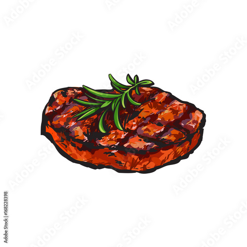 Grilled beef steak, beefsteak with rosemary, sketch style vector illustration on white background. Realistic hand drawing of grilled piece, cut of meet, beef steak served with rosemary
