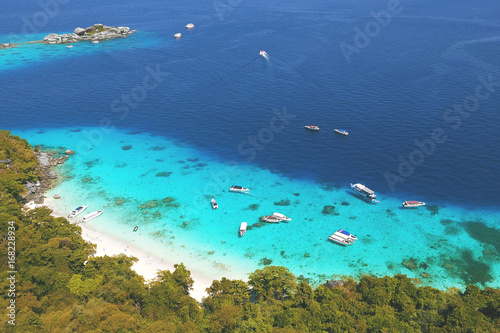 Amazing Honeymoon Beach at Similan Island Aerial View From Above. Andaman, Thailand. Travel, summer, vacation and tropical beach concept.