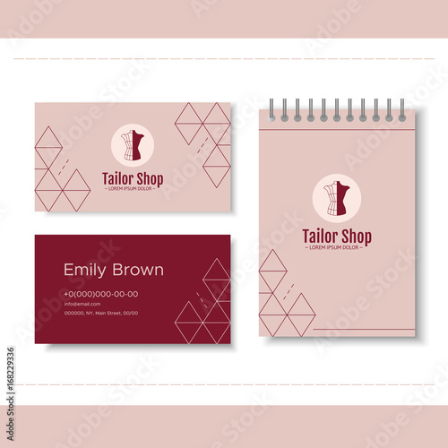 Branding for tailor shop, dressmakers salon, sewing studio, clothing store and fashion designer. Logo, business card, notepad. Vector illustration in modern style