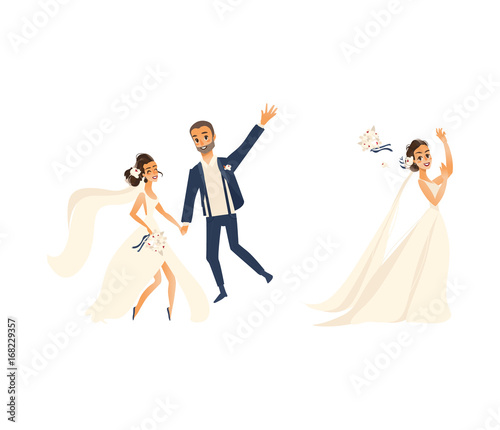 vector groom and bride newlywed couple set flat cartoon illustration isolated on a white background. Wedding concept character design