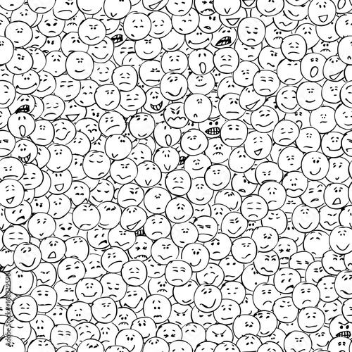A collection of doodle faces with positive and negative emotions, seamless pattern, black outlines, white background. Emoticons. Emotional icons. Vector illustration.