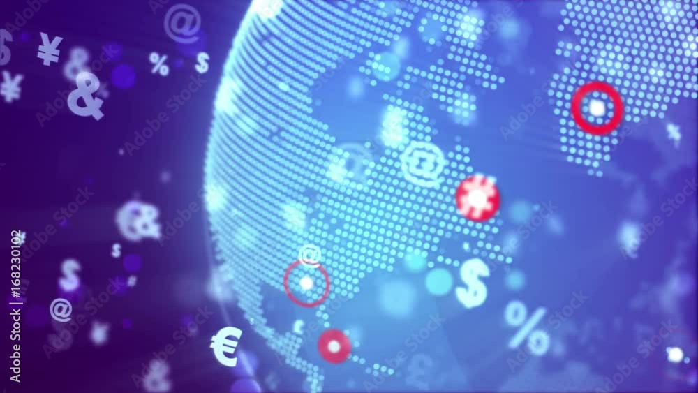 Abstract World Globe with currency signs and points major cities on a blue background. Global business technology concept. Seamless loop.