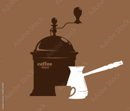 Silhouette of a coffee grinder, cezve and mug, coffee time, vector illustration