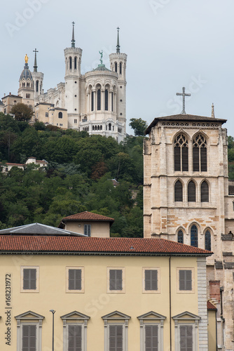 Basilica Notre-Dame de Fourviere and Saint-Jean cathedral, Lyon in France, on the hill, symbol of the city 