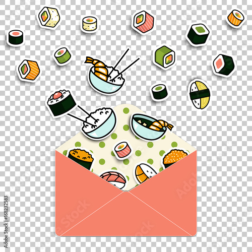 Vector meal rolls sushi set in paper mail envelope