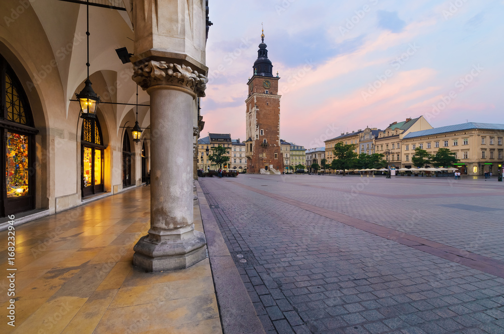 Naklejka premium Town hall tower in the main square of Krakow