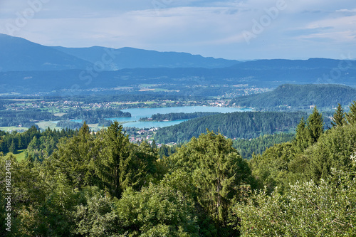 Overlooking the city of Villach and Lake Faaker in Austria, from the top of Baumgartnerhoehe in region Kaernten