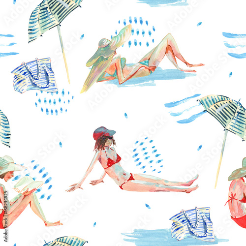 Photography Summer watercolor seamless pattern with girl on the beach