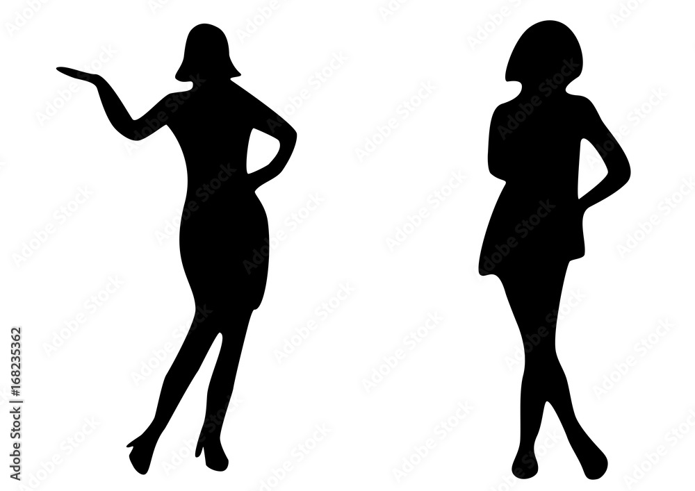 women in dress silhouette black isolated, graphic people vector illustration