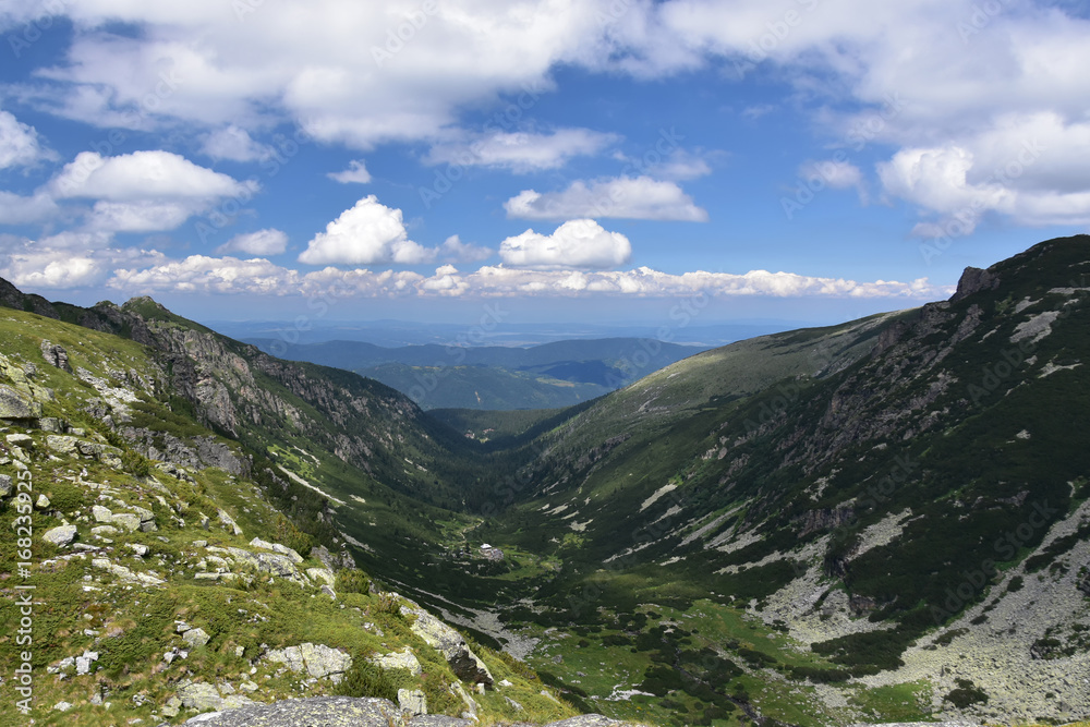 View from Malyovitsa highs down to Malyovitsa hut and Mecha Polyana, Rila Mountains, Bulgaria View from Malyovitsa highs down to Malyovitsa hut and Mecha Polyana, Rila Mountains, Bulgaria