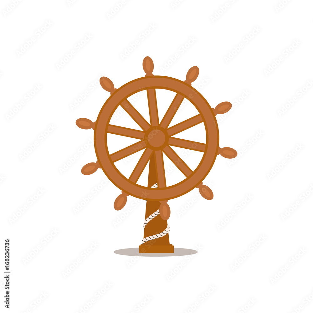Obraz premium Ship, sailboat steering wheel, cartoon vector illustration isolated on white background. Cartoon, comic style vector illustration of traditional wooden ship, sailboat steering wheel on stand