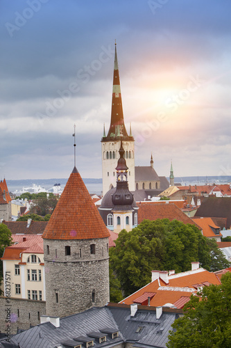 spike of St Olaf (Oleviste) Church and fortification tower. Tallinn, Estonia..