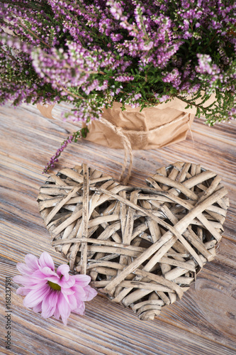Pink heather and wicker heart