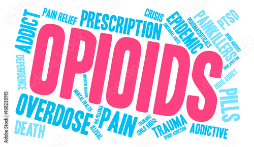 Opioids word cloud on a white background. 