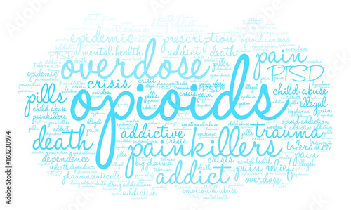 Opioids word cloud on a white background. 