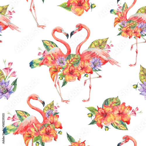Pink flamingo and tropical flowers seamless pattern