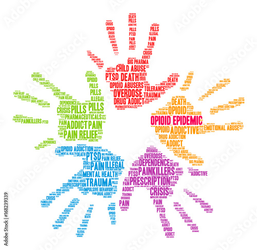 Opioid Epidemic Word Cloud on a white background. 