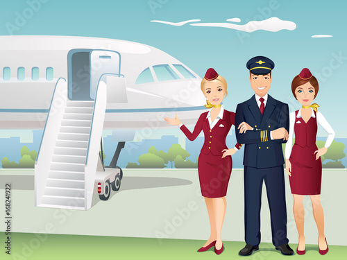 Pilot and Flight attendants of Commercial Airlines with the background of airplane. Sky team. Flat design, vector cartoon.