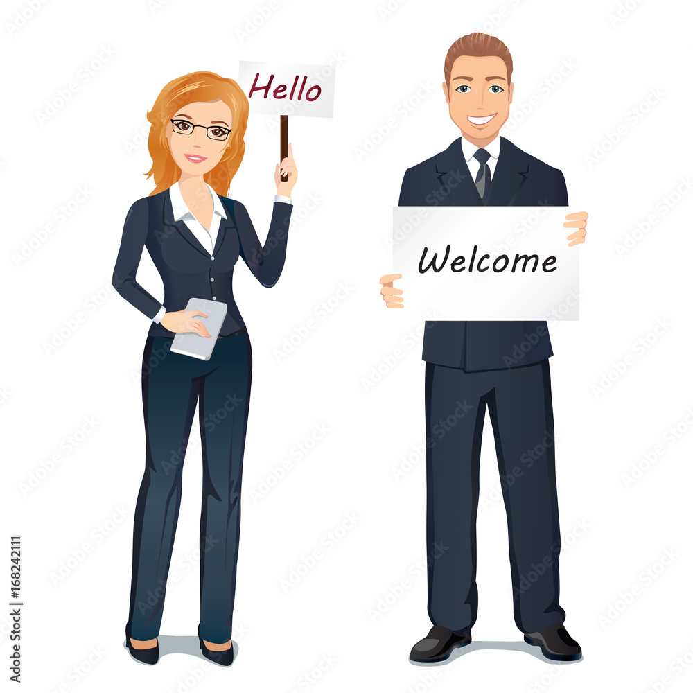 Group of people meet someone. A woman and a man greet someone with broadsheets and placard / Flat design, vector illustration Group of people meet someone. A woman and a man greet someone with broadsheets and placard / Flat design, vector illustration