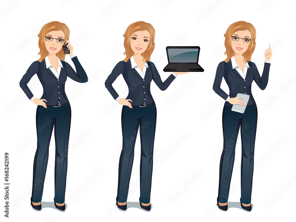Business woman in suit in different poses. Smiling woman full length, dress code. Flat design, vector cartoon illustration Business woman in suit in different poses. Smiling woman full length, dress code. Flat design, vector cartoon illustration