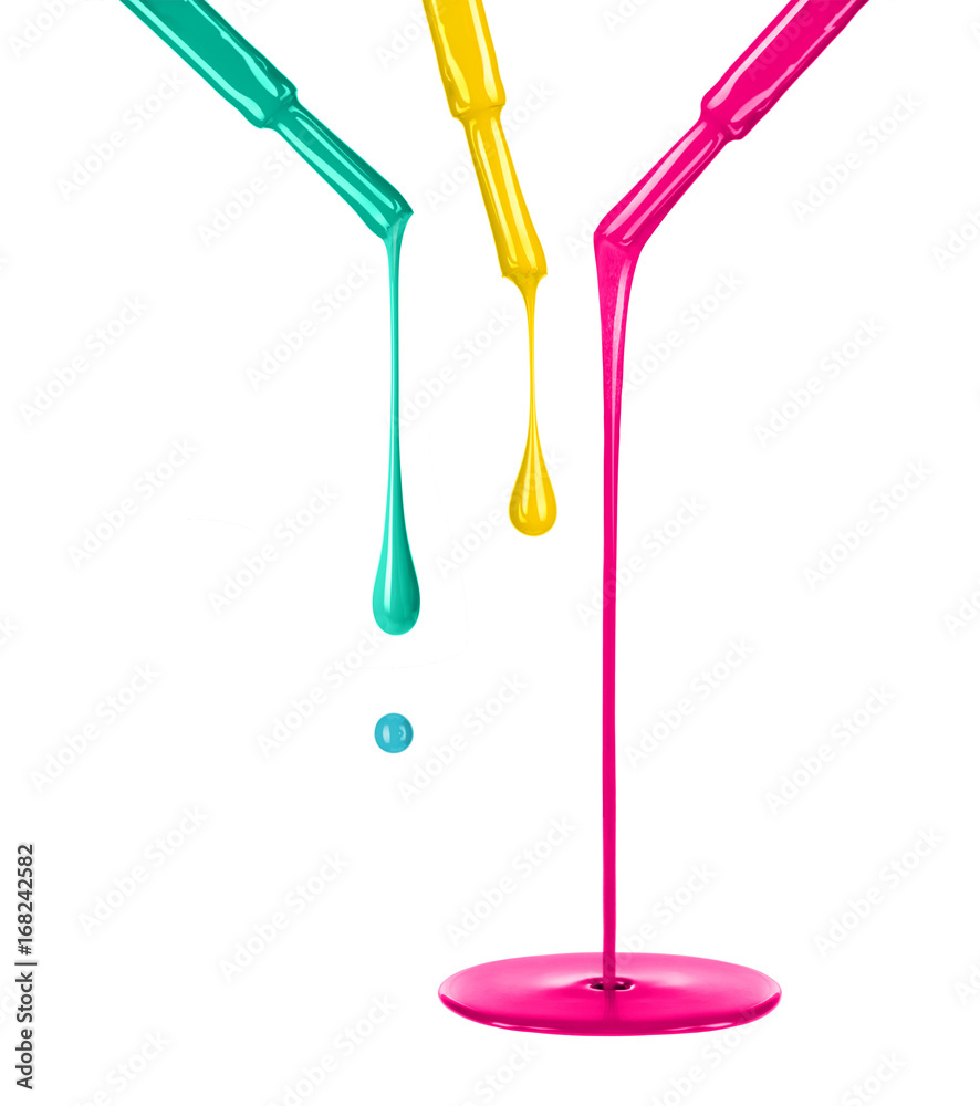 Colorful nail polishes dripping from brushes isoalted on white background