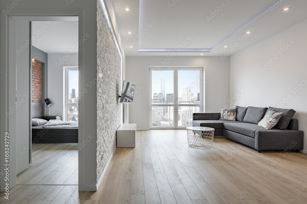 Obraz premium White apartment with brick wall