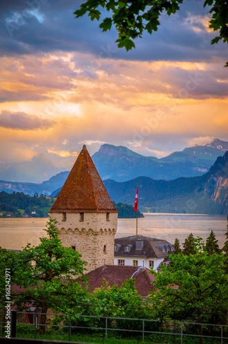 Aerial view of Lucern at sunset  Switzerland