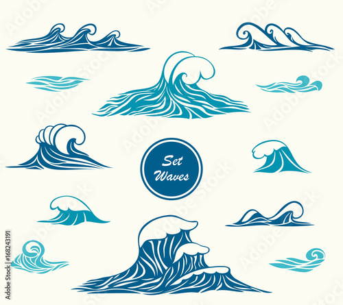 Set ocean or sea waves in marine blue colors for logotype or for making design by marine themes