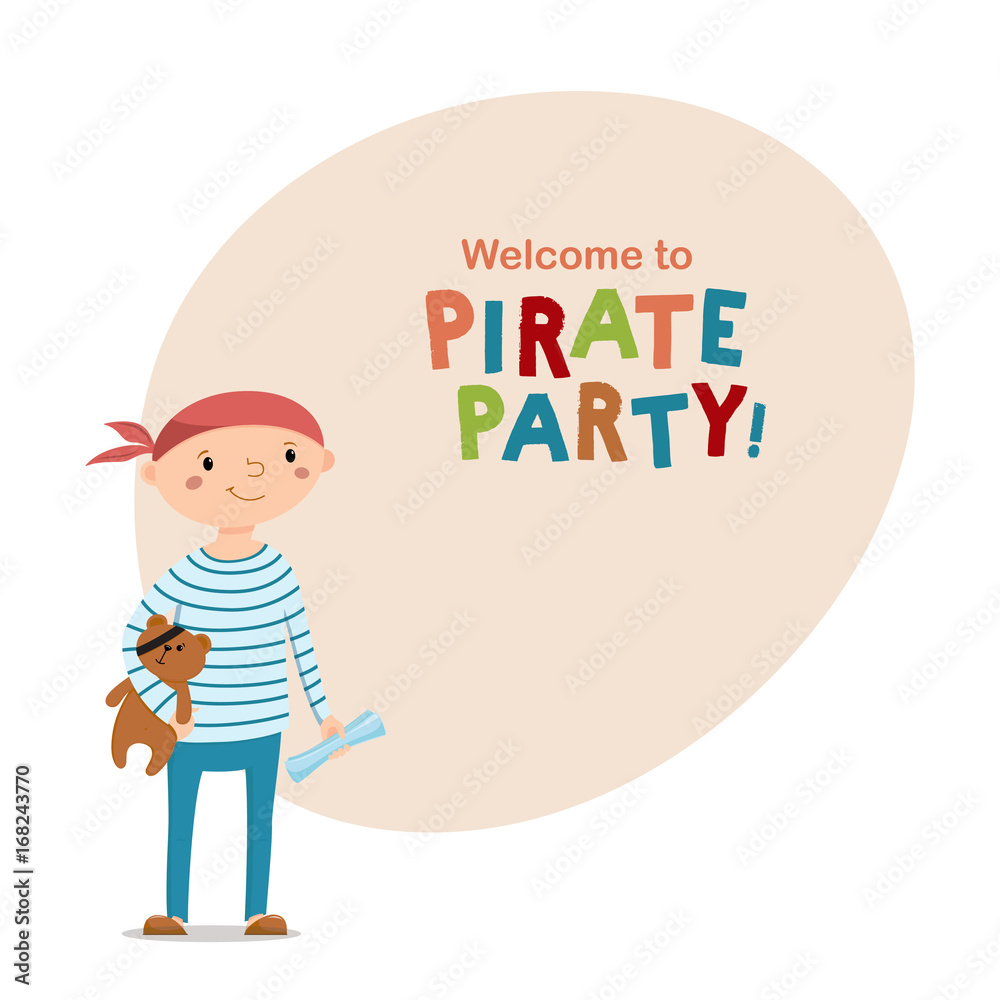 Little boy dressed as sailor holding teddy bear with pirate eye patch, space for text, cartoon vector illustration isolated on white background. Kid boy pirate in striped sailor shirt with teddy bear Little boy dressed as sailor holding teddy bear with pirate eye patch, space for text, cartoon vector illustration isolated on white background. Kid boy pirate in striped sailor shirt with teddy bear