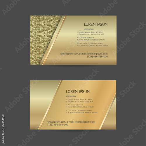 Business cards. Individual cards with delicate flowers, herbs, polka dots and feathers. Cute design of business cards. Gold. Vector set.