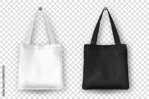 Realistic vector black and white empty textile tote bag icon set. Closeup isolated on white background. Design templates for branding, mockup. EPS10.