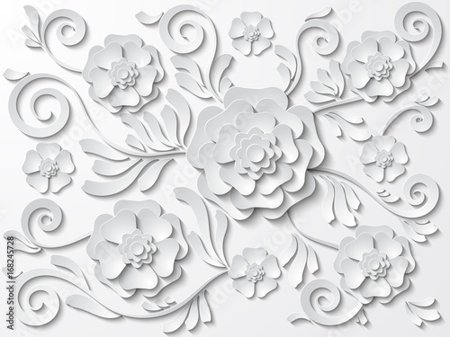 Beautiful white floral background with flowers and leaves. Vector illustration
