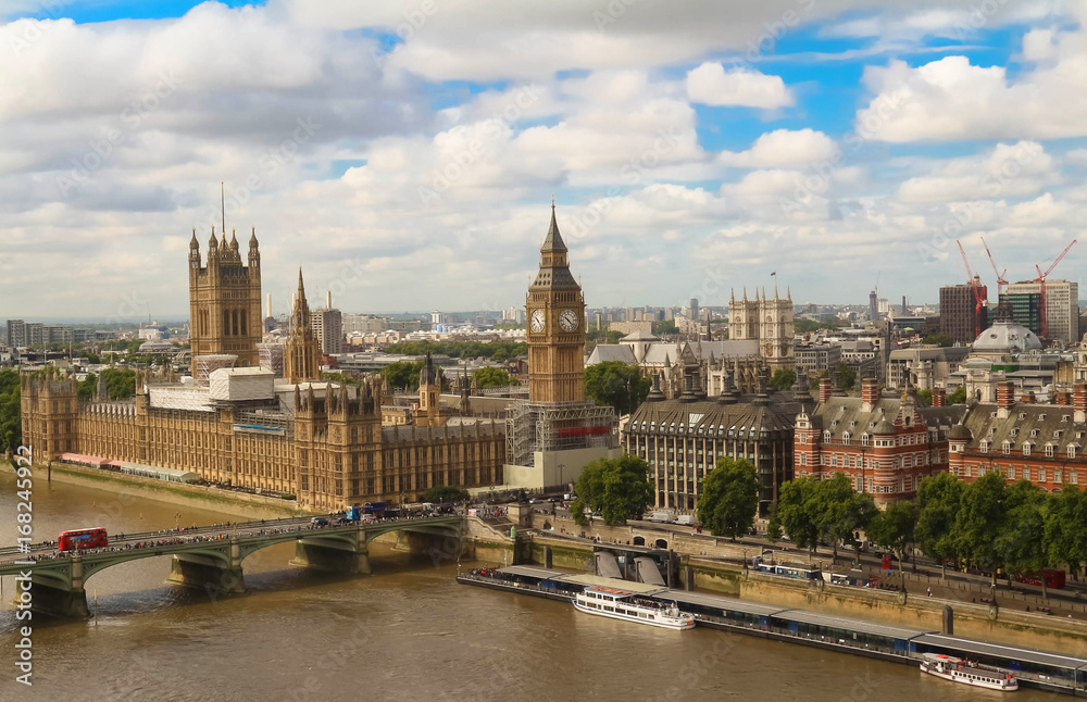 The panoramic view of Big Ben tower and Westminster Bridge in London.