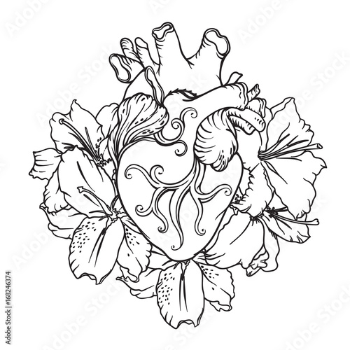 Heart with white lilies in romantic style. Blooming Heart concept.
