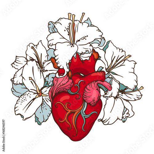 Heart with white lilies in romantic style. Blooming Heart concept.