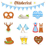 Oktoberfest München Symbole Icons mit Lebkuchenherz, Dirndl und Bier