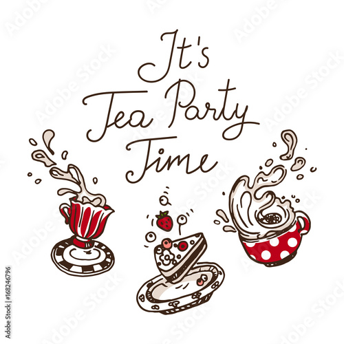 It is Tea Party Time. Set of three hand drawn objects