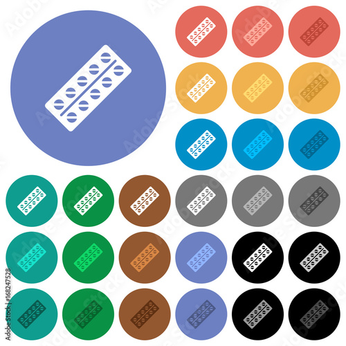 Batch of pills in blister pack round flat multi colored icons